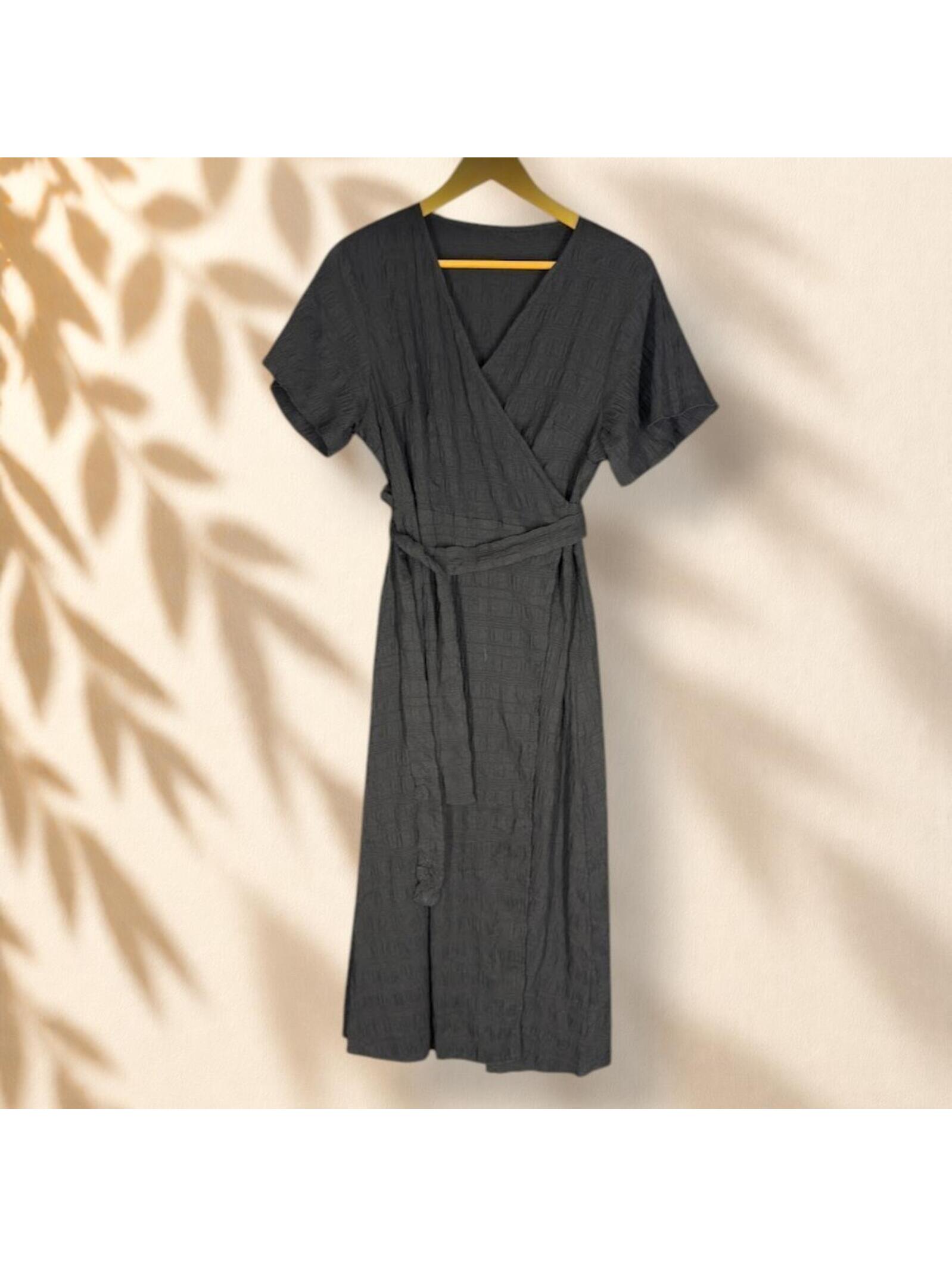 Shein Wrap Dress Women L Large Black Long V-Neck Short Sleee Belted Casual